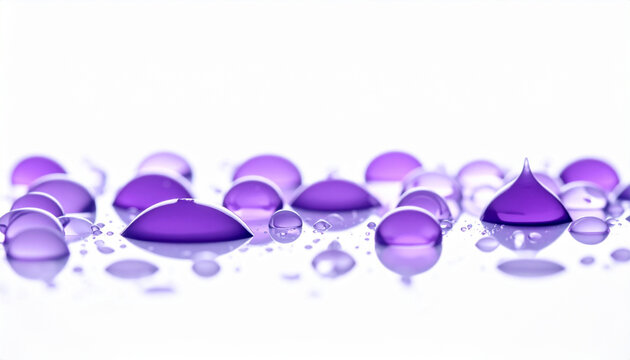 Purple water droplets on white background with copy space