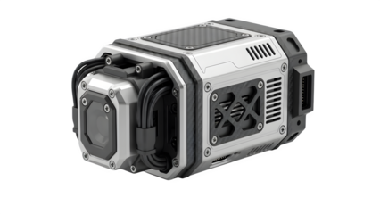 Futuristic Electric Gadget with Lens and Cables isolated on transparent background