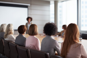 Close up of a Group of female executives attend corporate event sitting in a board room behind a huge long desk. They are facing projection screen with female ceo presenting business performance