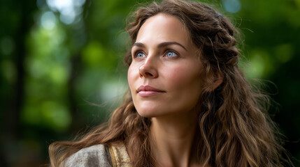 Fototapeta premium In serene setting Sarah gazes thoughtfully, long hair cascading softly visualization, biblical character representation, Old Testament figure display, spiritual contemplation aesth
