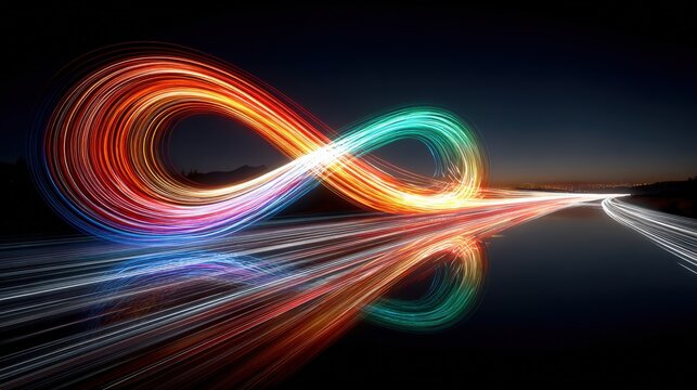 An artistic and mesmerizing representation of infinity, showcasing vibrant light trails over reflective water. ..Created with Generative AI, not depicting real subjects.