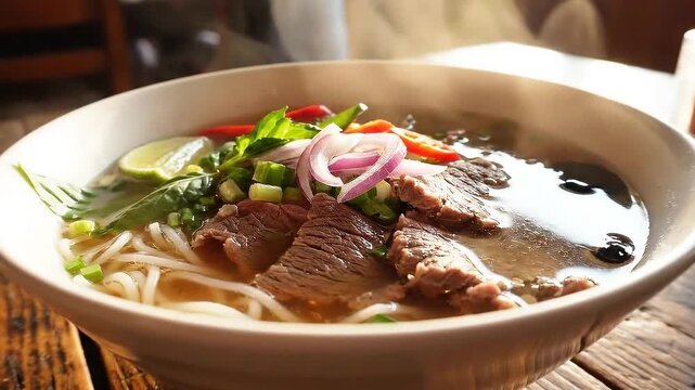 Steaming bowl of beef noodle soup with sliced meat, herbs, onions, and red chilies. Fresh aroma note