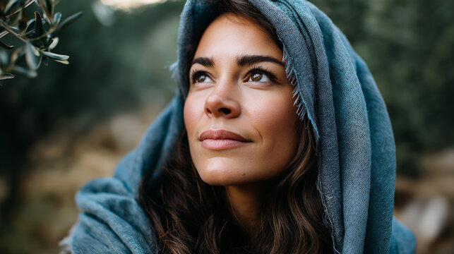 In serene setting Sarah gazes thoughtfully, long hair cascading softly visualization, biblical character representation, Old Testament figure display, spiritual contemplation aesth