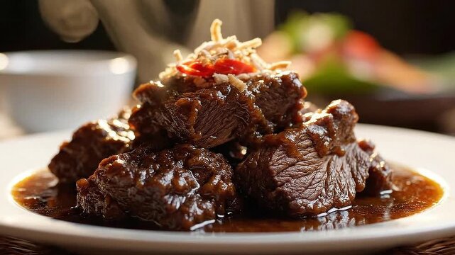 Plate of braised beef chunks in glossy dark sauce, tender, steaming, with crisp garnish on top rich!