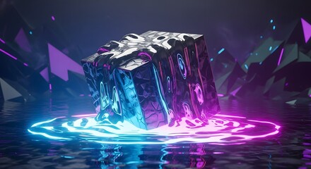 A futuristic cube with neon lights glowing in a dark room with geometric shapes