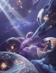 Surreal vision of broken planets and floating technological spheres amidst purple space nebula clouds where shattered worlds reveal internal structures under dramatic light beams in deep universe