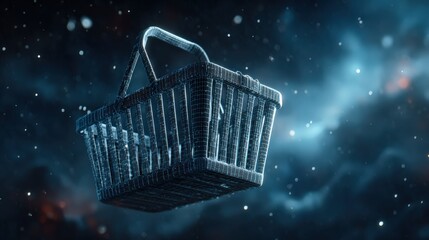 A surreal visual of a shopping basket floats in a dark, star-filled expanse, igniting the imagination and provoking curiosity. ..Created with Generative AI, not depicting real subjects.