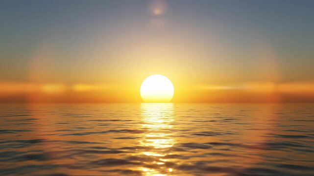 Solitary boat glides across calm ocean waters, leaving ripples in its wake, as the setting sun dips below the horizon, casting warm golden rays on the serene scene, perfectly encapsulating the.