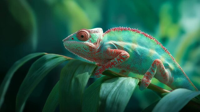 Vibrant chameleon perched on lush green leaf exotic reptile camouflage adaptation nature wildlife macro detail