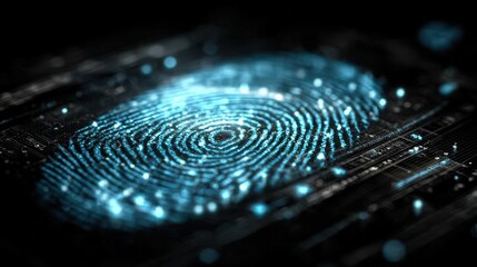 An illuminated fingerprint image represents security, identity and technology. ..Created with Generative AI, not depicting real subjects.
