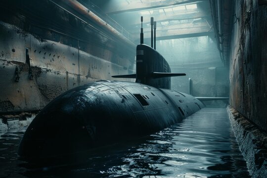 Black submarine floats inside a dark, damp, underground dry dock, creating a mysterious and intriguing atmosphere
