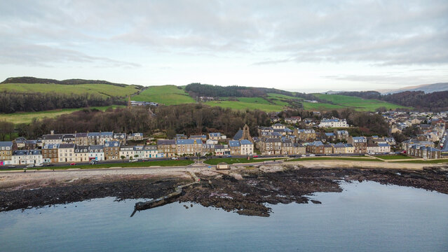 Beach and coastline of Millport, Scotland, aerial view