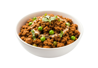 spiced minced meat curry with peas in white bowl, cilantro garnish