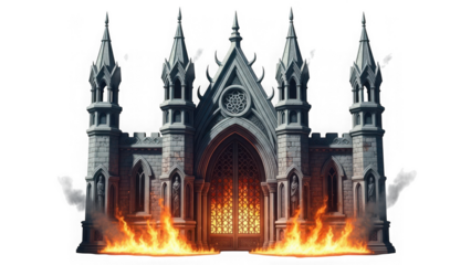 A dark gothic castle with four towers on fire with flames at the base and a large arched doorway with stained glass windows burning fiercely