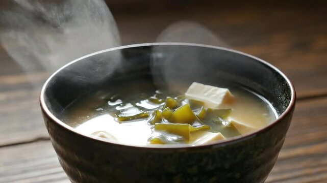 Steaming miso soup in a ceramic bowl with tofu cubes and scallions on wooden table, aroma inviting