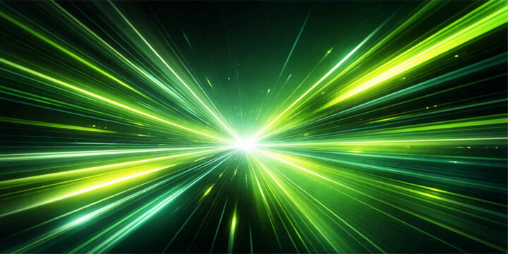 A glowing abstract green and blue background design features a bright star burst with shiny laser rays and energy flashes in a motion pattern of light and space