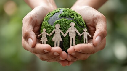A pair of hands cradles a symbolic world and family figure, promoting eco-conscious living, family bond and sustainable. ..Created with Generative AI, not depicting real subjects.