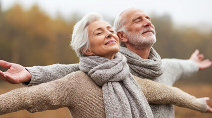 Senior couple practicing yoga outdoors with synchronized breathing and relaxed expressions, mindfulness, wellness and active aging lifestyle concept.