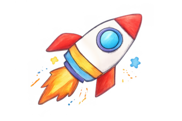 Rocket spacecraft preparing for launch flying into space, cartoon drawing with colorful exhaust flame