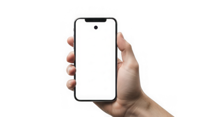 Hand holding a blank smartphone screen for mockup purposes on a white background for advertising and design with blank screen and mobile and technology