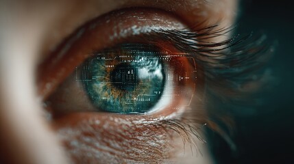 A striking close-up of a human eye, digitally enhanced with a futuristic data overlay, reflecting themes of technology, vision. ..Created with Generative AI, not depicting real subjects.