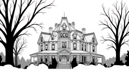 A large victorian mansion with a wraparound porch and multiple turrets stands amidst bare trees in a snowy landscape under a gray sky with house