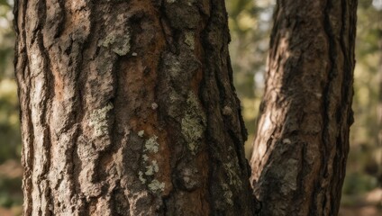 Close-up of a tree trunk, showing textured bark, branches, and soft forest backdrop
