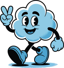 Fototapeta premium Cartoon cloud character, smiling blue cloud, peace sign gesture, vector illustration