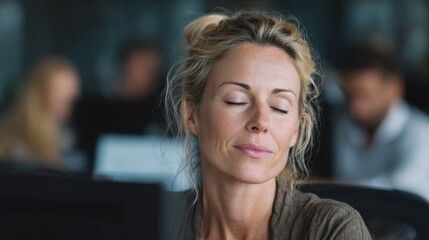 A tired woman with a headache sits at a computer in the office.