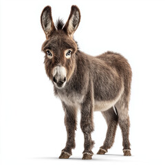 Fototapeta premium Donkey Standing Calmly with Detailed Fur and Expressive Eyes, Isolated on White Background – Farm Animal, Rural Life, Agriculture and Nature Concept