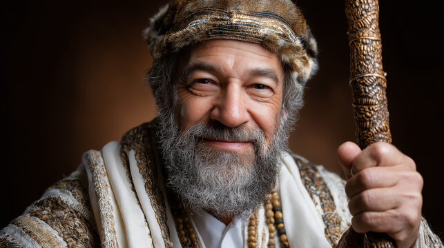 Jewish high priest dressed ceremonial clothing, holds staff symbolizing authority, guidance in spiritual setting, religious leadership visualization, biblical period costume repres