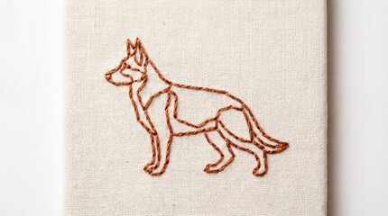 Brown German Shepherd Dog Outline Embroidered on Beige Fabric