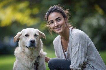 A woman with golden retriever in park.