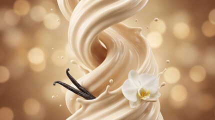 Vanilla Cream Milk Splash with Orchid and Bean Pods on Bokeh Background