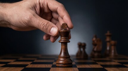 Man's Hand Moving Dark Wooden Chess King on Checkered Board