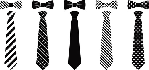 Bow tie and necktie pairs in black and striped patterns for fashion accessory comparison, formal wear design, and vector illustration content.