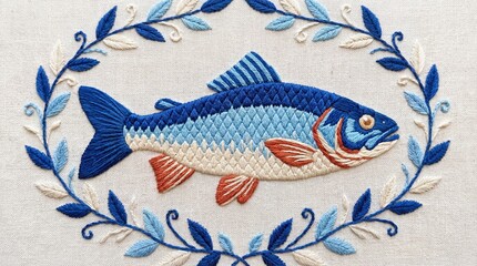 Embroidered Blue Fish with Laurel Wreath Frame on White Fabric