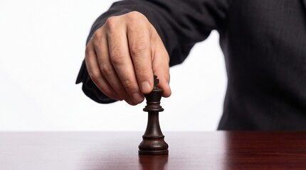 Businessman's Hand Moving Dark Wood Chess King Piece on Polished Table