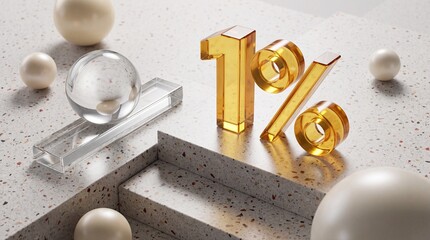 Golden 1% Percentage Sign on Concrete Stage with Spheres and Glass Elements