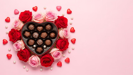 Valentine's Day chocolates in heart box with roses and hearts on pink