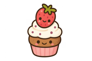 Cute strawberry cupcake with smiling faces and transparent background