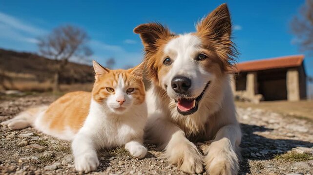 Adorable ginger and white cat and happy border collie dog resting together outdoors on a sunny day with a rustic building in the background showcasing animal friendship and rural life