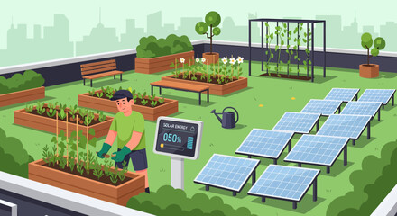 Rooftop Garden with Solar Panels and Smart Technology for Sustainable Urban Living.