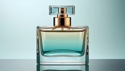 a clear rectangular glass perfume bottle with a gold colored sprayer and a light teal tint