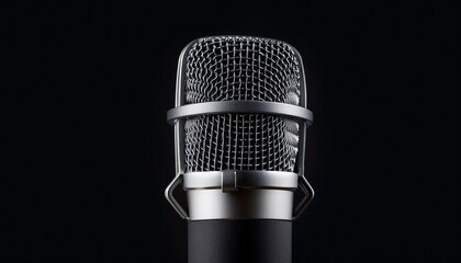 a dynamic microphone metallic grey with a wire mesh grille isolated on a black background