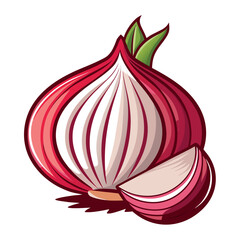 Flat vector illustration of a red onion with one half cut open, clean lines, bright colors,