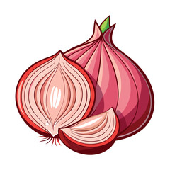 Flat vector illustration of a red onion with one half cut open, clean lines, bright colors,