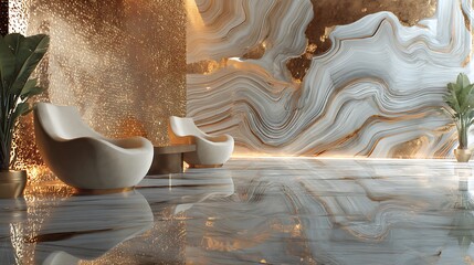 Luxurious interior design with modern white chairs and unique marble wall decoration in a stylish room with reflective floor with luxury interior