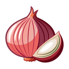 Flat vector illustration of a red onion with one half cut open, clean lines, bright colors,