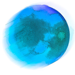Abstract watercolor blue stain, blot. Blue color on white isolated background. Round shape, for the logo, for your design, postcards and other things. Blue sky, blue circle spot. Blue moon